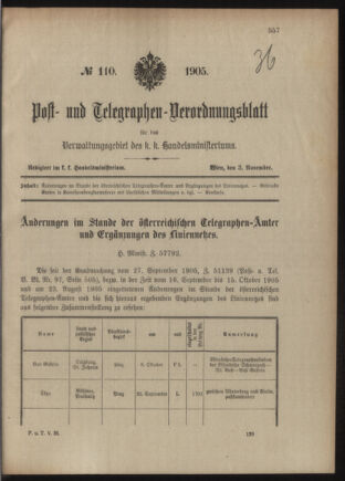 Post- und Telegraphen-Verordnungsblatt für das Verwaltungsgebiet des K.-K. Handelsministeriums 19051103 Seite: 1