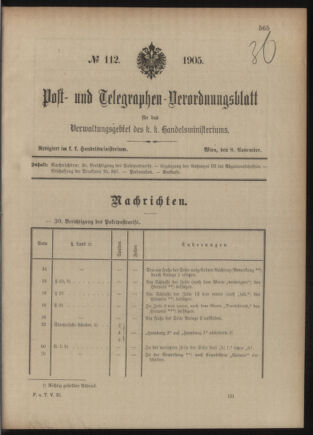 Post- und Telegraphen-Verordnungsblatt für das Verwaltungsgebiet des K.-K. Handelsministeriums 19051108 Seite: 1