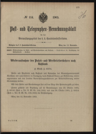 Post- und Telegraphen-Verordnungsblatt für das Verwaltungsgebiet des K.-K. Handelsministeriums 19051113 Seite: 1