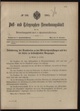 Post- und Telegraphen-Verordnungsblatt für das Verwaltungsgebiet des K.-K. Handelsministeriums 19051118 Seite: 1