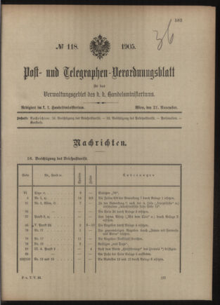 Post- und Telegraphen-Verordnungsblatt für das Verwaltungsgebiet des K.-K. Handelsministeriums 19051121 Seite: 1