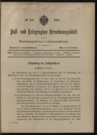 Post- und Telegraphen-Verordnungsblatt für das Verwaltungsgebiet des K.-K. Handelsministeriums 19051123 Seite: 1