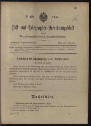 Post- und Telegraphen-Verordnungsblatt für das Verwaltungsgebiet des K.-K. Handelsministeriums 19051218 Seite: 1