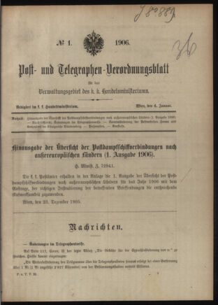 Post- und Telegraphen-Verordnungsblatt für das Verwaltungsgebiet des K.-K. Handelsministeriums 19060104 Seite: 1