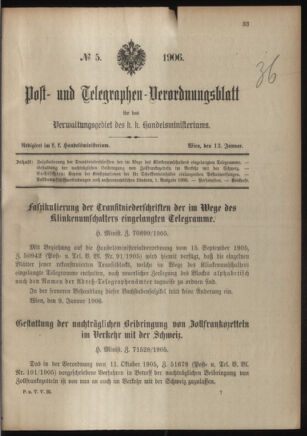 Post- und Telegraphen-Verordnungsblatt für das Verwaltungsgebiet des K.-K. Handelsministeriums 19060113 Seite: 1