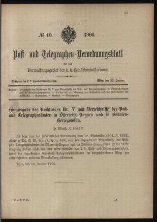 Post- und Telegraphen-Verordnungsblatt für das Verwaltungsgebiet des K.-K. Handelsministeriums 19060122 Seite: 1