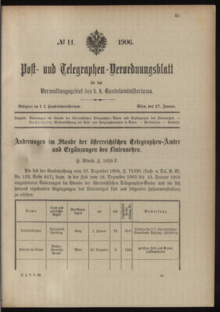 Post- und Telegraphen-Verordnungsblatt für das Verwaltungsgebiet des K.-K. Handelsministeriums 19060127 Seite: 1