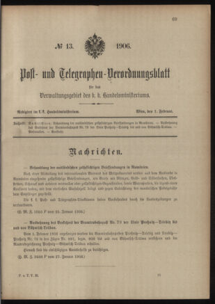 Post- und Telegraphen-Verordnungsblatt für das Verwaltungsgebiet des K.-K. Handelsministeriums 19060201 Seite: 1