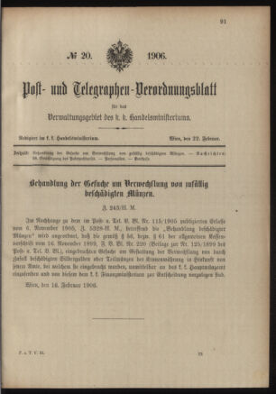 Post- und Telegraphen-Verordnungsblatt für das Verwaltungsgebiet des K.-K. Handelsministeriums 19060222 Seite: 1