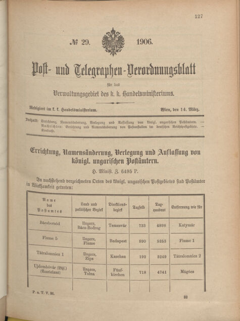 Post- und Telegraphen-Verordnungsblatt für das Verwaltungsgebiet des K.-K. Handelsministeriums 19060314 Seite: 1