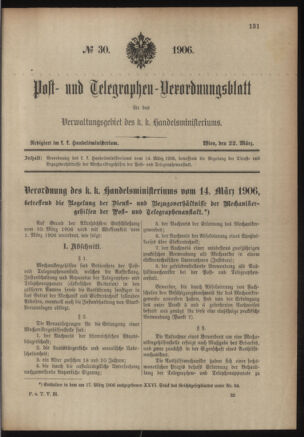 Post- und Telegraphen-Verordnungsblatt für das Verwaltungsgebiet des K.-K. Handelsministeriums 19060322 Seite: 1