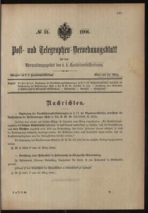 Post- und Telegraphen-Verordnungsblatt für das Verwaltungsgebiet des K.-K. Handelsministeriums 19060323 Seite: 1