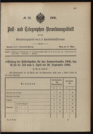 Post- und Telegraphen-Verordnungsblatt für das Verwaltungsgebiet des K.-K. Handelsministeriums 19060327 Seite: 1