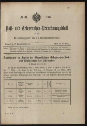 Post- und Telegraphen-Verordnungsblatt für das Verwaltungsgebiet des K.-K. Handelsministeriums 19060331 Seite: 1