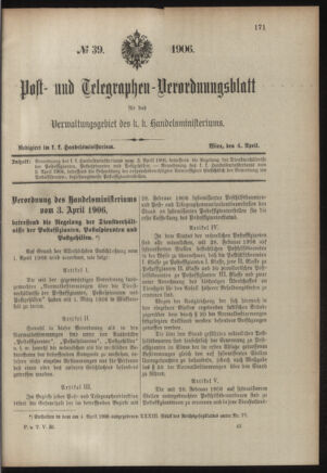 Post- und Telegraphen-Verordnungsblatt für das Verwaltungsgebiet des K.-K. Handelsministeriums 19060404 Seite: 1