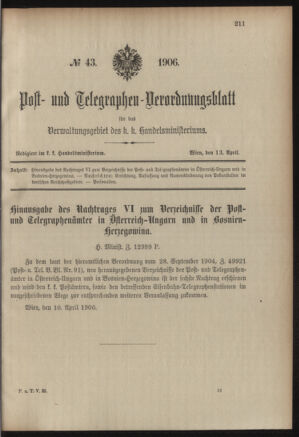 Post- und Telegraphen-Verordnungsblatt für das Verwaltungsgebiet des K.-K. Handelsministeriums 19060413 Seite: 1