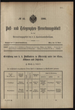 Post- und Telegraphen-Verordnungsblatt für das Verwaltungsgebiet des K.-K. Handelsministeriums 19060419 Seite: 1