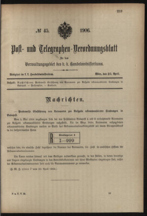 Post- und Telegraphen-Verordnungsblatt für das Verwaltungsgebiet des K.-K. Handelsministeriums 19060423 Seite: 1