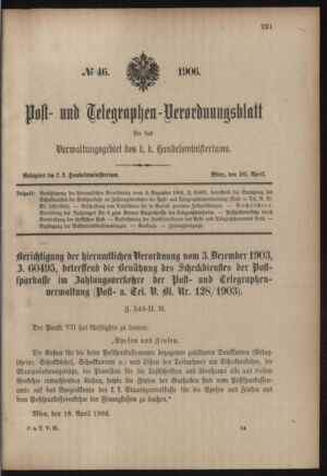 Post- und Telegraphen-Verordnungsblatt für das Verwaltungsgebiet des K.-K. Handelsministeriums 19060426 Seite: 1