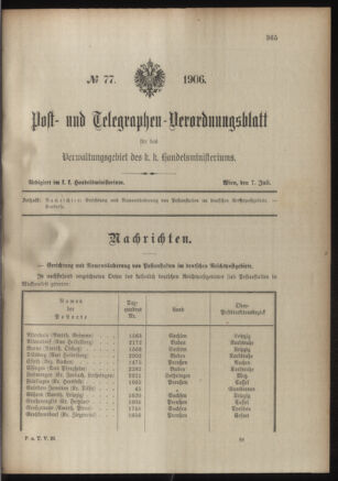 Post- und Telegraphen-Verordnungsblatt für das Verwaltungsgebiet des K.-K. Handelsministeriums 19060508 Seite: 135