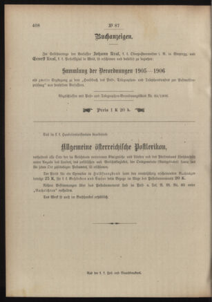 Post- und Telegraphen-Verordnungsblatt für das Verwaltungsgebiet des K.-K. Handelsministeriums 19060508 Seite: 182