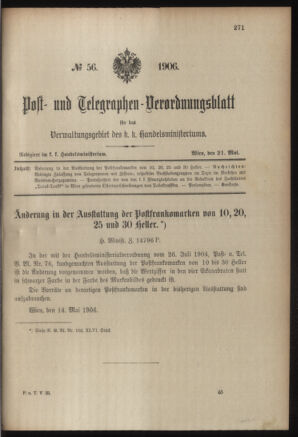 Post- und Telegraphen-Verordnungsblatt für das Verwaltungsgebiet des K.-K. Handelsministeriums 19060508 Seite: 21