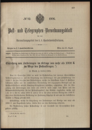 Post- und Telegraphen-Verordnungsblatt für das Verwaltungsgebiet des K.-K. Handelsministeriums 19060508 Seite: 237