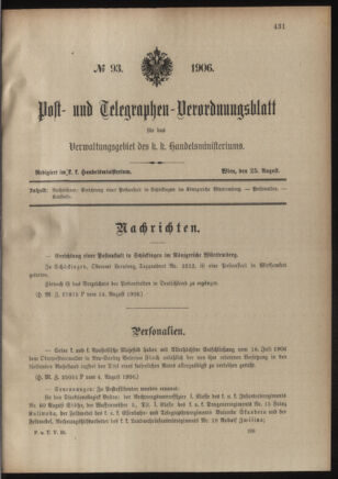 Post- und Telegraphen-Verordnungsblatt für das Verwaltungsgebiet des K.-K. Handelsministeriums 19060508 Seite: 239