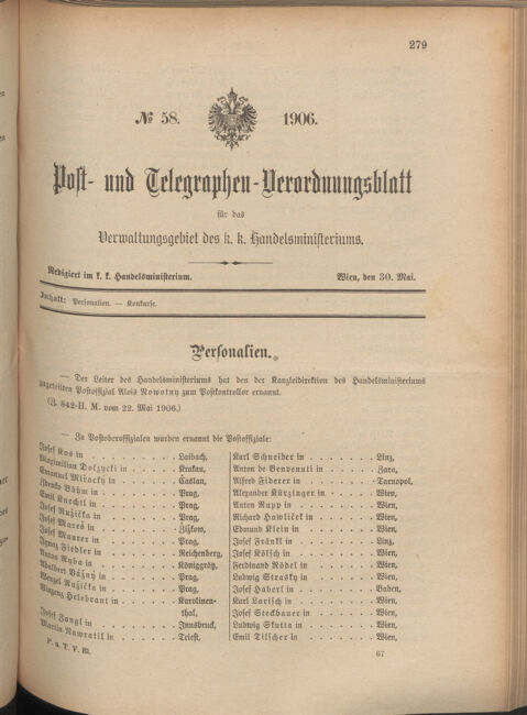 Post- und Telegraphen-Verordnungsblatt für das Verwaltungsgebiet des K.-K. Handelsministeriums 19060508 Seite: 29