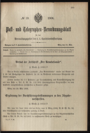 Post- und Telegraphen-Verordnungsblatt für das Verwaltungsgebiet des K.-K. Handelsministeriums 19060508 Seite: 33