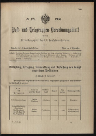 Post- und Telegraphen-Verordnungsblatt für das Verwaltungsgebiet des K.-K. Handelsministeriums 19060508 Seite: 399