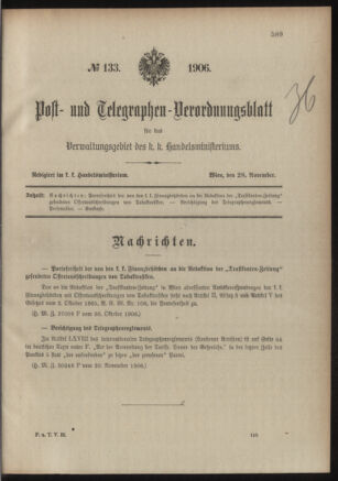 Post- und Telegraphen-Verordnungsblatt für das Verwaltungsgebiet des K.-K. Handelsministeriums 19060508 Seite: 445