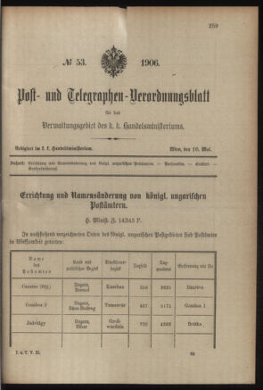 Post- und Telegraphen-Verordnungsblatt für das Verwaltungsgebiet des K.-K. Handelsministeriums 19060508 Seite: 9