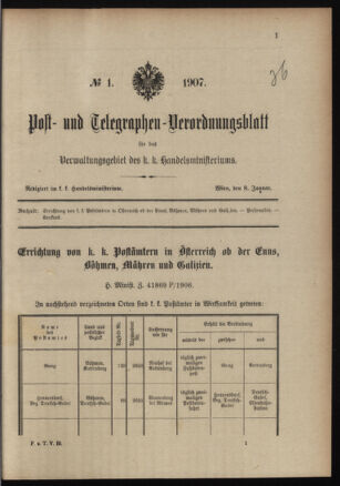 Post- und Telegraphen-Verordnungsblatt für das Verwaltungsgebiet des K.-K. Handelsministeriums 19070108 Seite: 1