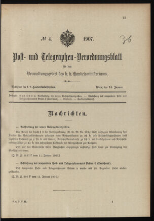 Post- und Telegraphen-Verordnungsblatt für das Verwaltungsgebiet des K.-K. Handelsministeriums 19070115 Seite: 1