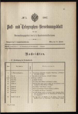 Post- und Telegraphen-Verordnungsblatt für das Verwaltungsgebiet des K.-K. Handelsministeriums 19070116 Seite: 1