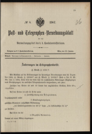 Post- und Telegraphen-Verordnungsblatt für das Verwaltungsgebiet des K.-K. Handelsministeriums 19070122 Seite: 1