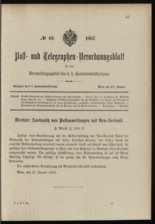 Post- und Telegraphen-Verordnungsblatt für das Verwaltungsgebiet des K.-K. Handelsministeriums 19070125 Seite: 1