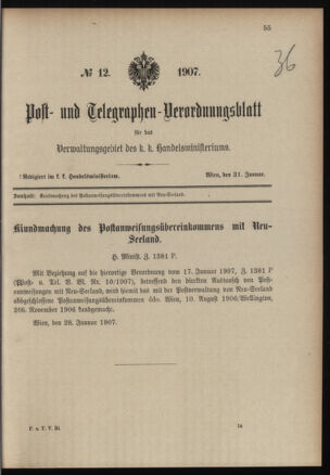 Post- und Telegraphen-Verordnungsblatt für das Verwaltungsgebiet des K.-K. Handelsministeriums 19070131 Seite: 1