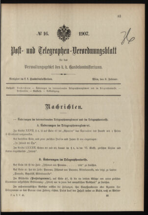 Post- und Telegraphen-Verordnungsblatt für das Verwaltungsgebiet des K.-K. Handelsministeriums 19070208 Seite: 1