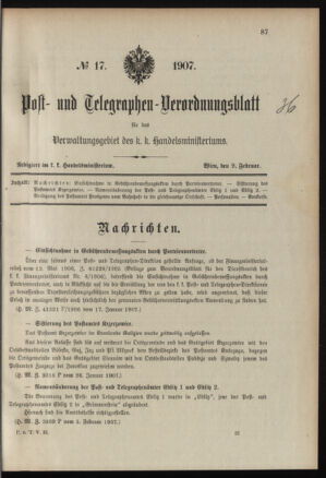 Post- und Telegraphen-Verordnungsblatt für das Verwaltungsgebiet des K.-K. Handelsministeriums 19070209 Seite: 1