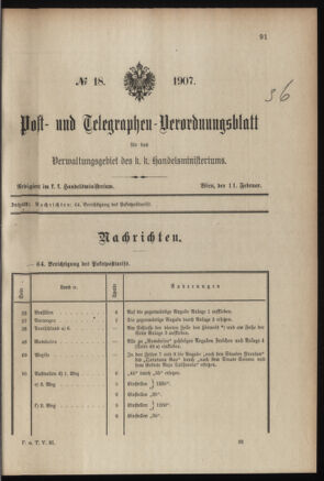 Post- und Telegraphen-Verordnungsblatt für das Verwaltungsgebiet des K.-K. Handelsministeriums 19070211 Seite: 1