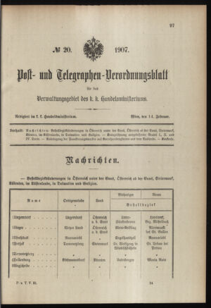 Post- und Telegraphen-Verordnungsblatt für das Verwaltungsgebiet des K.-K. Handelsministeriums 19070214 Seite: 1