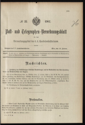 Post- und Telegraphen-Verordnungsblatt für das Verwaltungsgebiet des K.-K. Handelsministeriums 19070218 Seite: 1