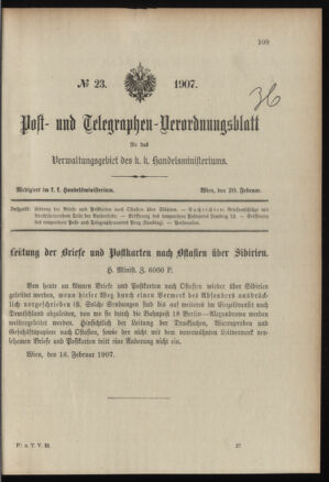 Post- und Telegraphen-Verordnungsblatt für das Verwaltungsgebiet des K.-K. Handelsministeriums 19070220 Seite: 1