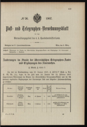 Post- und Telegraphen-Verordnungsblatt für das Verwaltungsgebiet des K.-K. Handelsministeriums 19070302 Seite: 1