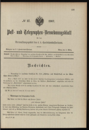 Post- und Telegraphen-Verordnungsblatt für das Verwaltungsgebiet des K.-K. Handelsministeriums 19070304 Seite: 1