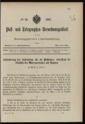 Post- und Telegraphen-Verordnungsblatt für das Verwaltungsgebiet des K.-K. Handelsministeriums 19070306 Seite: 1