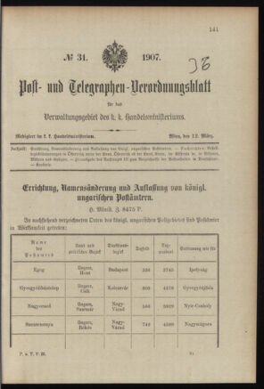 Post- und Telegraphen-Verordnungsblatt für das Verwaltungsgebiet des K.-K. Handelsministeriums 19070312 Seite: 1