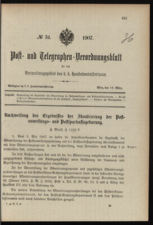 Post- und Telegraphen-Verordnungsblatt für das Verwaltungsgebiet des K.-K. Handelsministeriums 19070319 Seite: 1